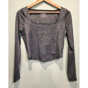 Hollister Black Sparkle Stretch Long Sleeve Crop Top Goth Biker Grunge Sz L